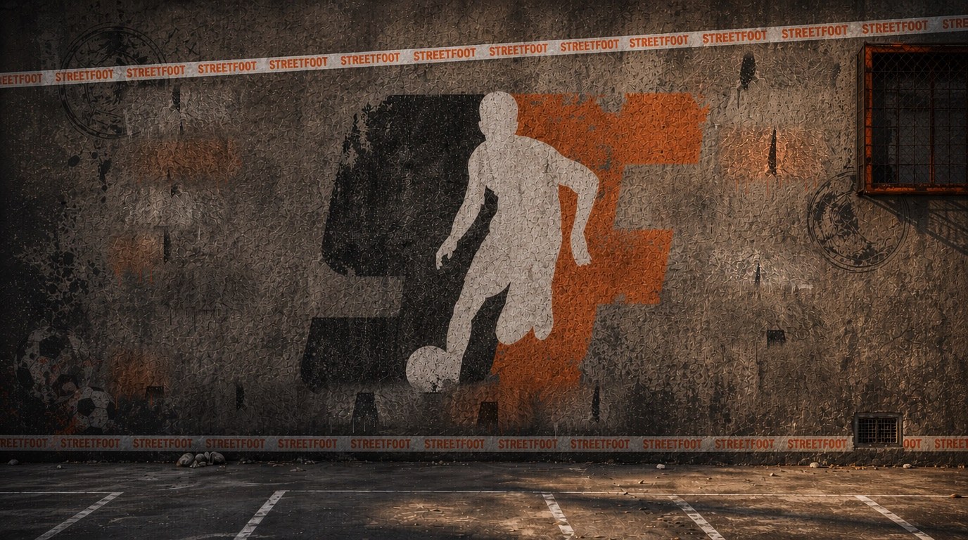 Mur de béton avec le monogramme SF et la silhouette d'un joueur contrôlant un ballon, bordé de rubans STREETFOOT.